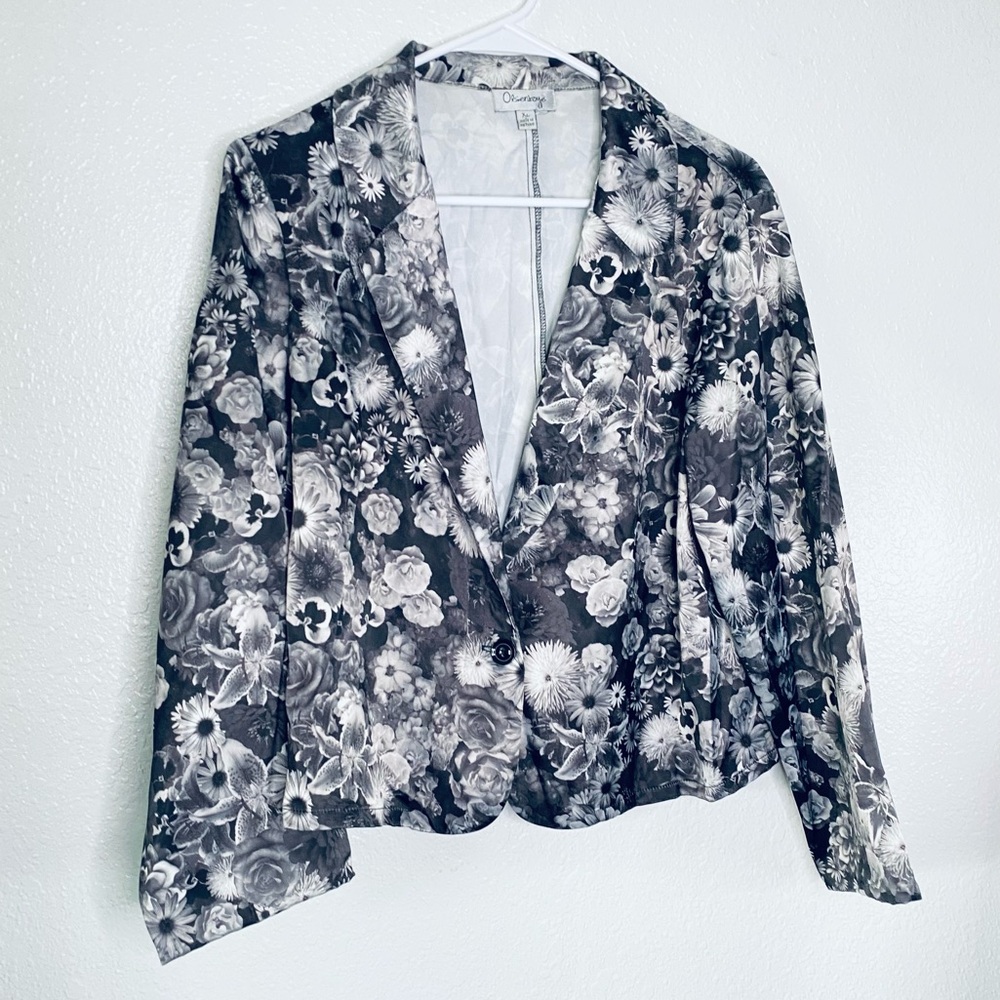 🍓 Olsenboye Boho Floral Button Front Monochrome Shiny Blazer Jacket XL